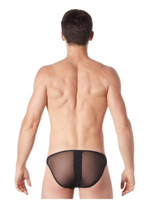 Slip brief noir sexy avec fermeture éclair et côtés style cuir dos transparent - LM813-61BLK